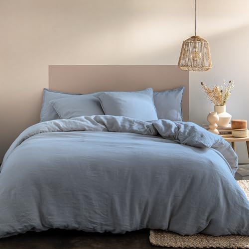 MATT & ROSE Housse de Couette 240x220 cm Unie Passion Lin 2 Personnes | 100% Lin Lavé | Oeko-TEX | Bleu Orage