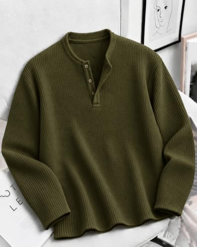 AUSK Men's Full Sleeve Henley T Shirts Olive Green - Image 3