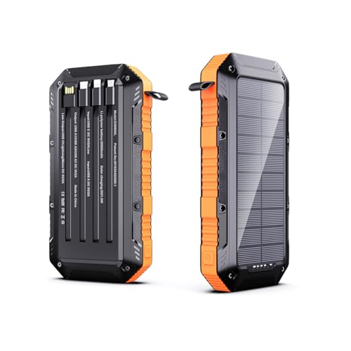 Cargador Solar 20000mAh con 4 Cables Integrados y 3 Puertos USB, Bateria portatil Solar Agua IP67, Carga Rápida QC 3.0, Powerbank Solar para Camping, Senderismo y Viajes