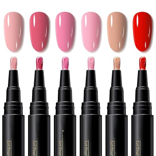 6Pcs Nail Polish Pens - Pink Red Nude Nail Pens Polish Set - Quick Dry Nail Varnish Pens for Real Nails - No Need Base Coat Nail Art Pens for Women DIY Salon