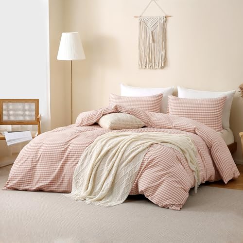 Image of TOCOMOA Pink Tan Gingham Duvet Cover Bedding Set 100% Washed Cotton Like Linen Feel Super Soft Comfy 3 Piece Vintage Plaid Checkered Fall Comforter Cover Set (King 104 inchx90 inch, Comforter Not Included)