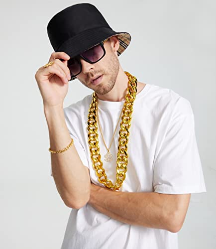 Gionforsy Hip Hop Kostm Zubehr Set Kit 6 Stck mit Bucket Hut Sonnenbrille Goldkette Armband Ring, 80er 90er Jahre Rapper Accessoires Set fr Mottoparty Halloween Karneval Fasching