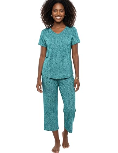 Image of CHUNG Women Cotton Pajama Sets Sleepwear pjs Short Sleeve Shirt Capri Length Crop Pants Cute Vivid Print