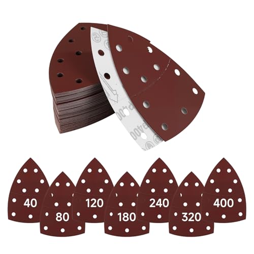 63 unidades de papel de lija triangular, hojas de lija de 11 agujeros, almohadillas de lijado con velcro para Bosch, Mouse para lijadora triangular, grano 40/80/120/180/240/320/400