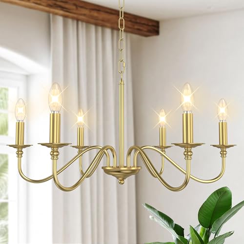 Image of Rustic Farmhouse Candle Chandelier for Dining Room, 6-Light Rustic Black Iron Light Fixture with Classic S-Arm Design for Kitchen Island, Living Room, Foyer-Brass Gold