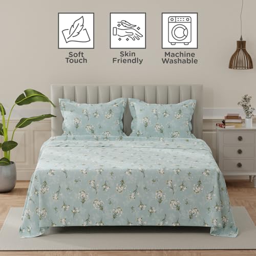Image of Layers 100% Cotton Bedsheet for King Size Bed | Lumina Floret Collection | 144 TC Soft & Breathable | Printed with 2 Pillow Covers | Wrinkle Free & Colorfast | 3 Piece Bedding Set - Blue
