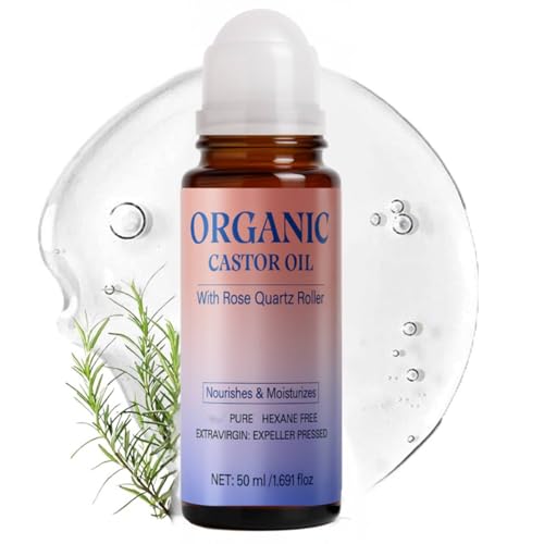 Organic Castor Oil Roll On 50ml Castor Oil with Rose Quartz Roller Deep and Lasting Hydration Non-Greasy Gentle and Effective Castor Oils Skin Care for Men and Women for All Skin Types