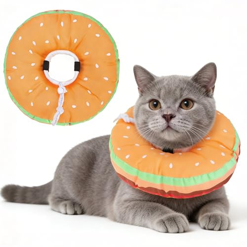 Image of BEAUTYZOO Cat Cone Collars Soft, Cat Recovery E Collars After Surgery to Stop Licking, Adjustable Elizabeth Circle Collar Cute Pet Donut Pillow for Cats Kitten Small Dogs, Hamburger S