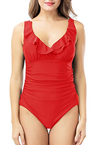 Amourri Women's Swimwear Tummy Hide Underwire Ruffled One Piece Swimsuit Large (fits like US 12-14) Red