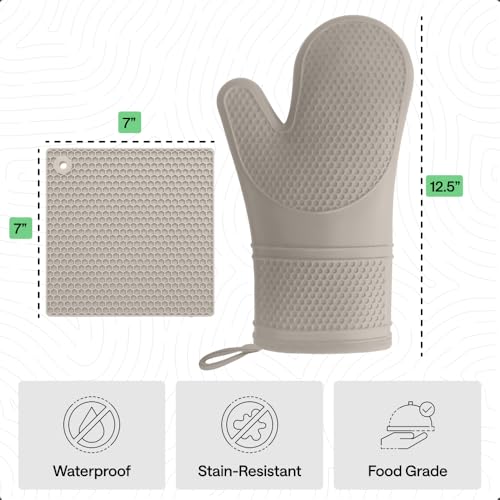 Image of GORILLA GRIP BPA-Free Soft Silicone Oven Mitts and Pot Holders Sets of 4, Heat Resistant Waterproof Cooking Gloves, Thick Cotton Lining, Flexible Gripping for Baking Grilling, Kitchen Trivets, Almond
