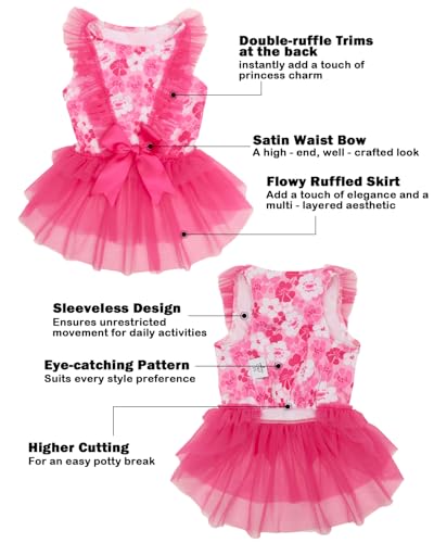 Image of CuteBone Hot Pink Cherry Blossom Pet Dress for Small Dogs, Cats - Double-Layer Ruffled Skirt - Satin Bow - Spring, Summer, Party Dress