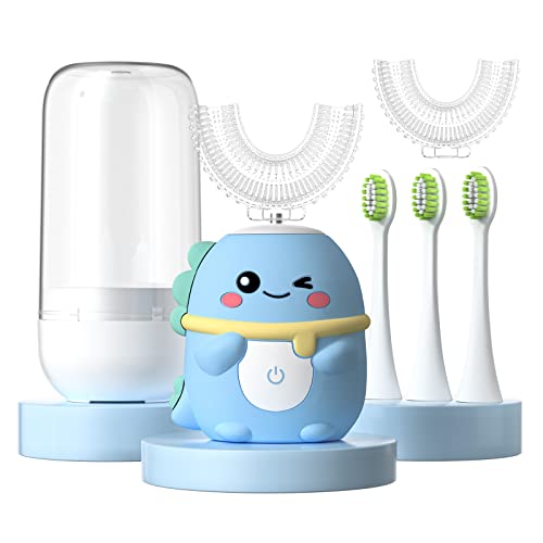 JIANLEJIA キッズ 電動歯ブラシ U字音波 自動歯ブラシ 4つのブラシヘッド付き 6つのクリーニングモード 漫画の鹿のモデリング フル口歯ブラシ 赤ちゃん用(恐竜ブルー 2-6歳)