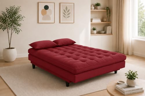 Image of 3-Seater Velvet Sofa Cum Bed | Tufted Convertible Sleeper Sofa | Plush Cushioned Seating | Space-Saving Design for Living Room, Bedroom & Office | Red
