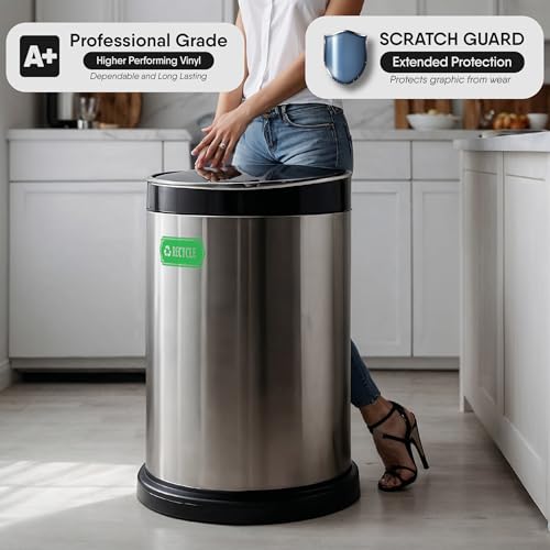 Image of Recycle and Trash Stickers for Garbage Cans - Green Premium Clear Vinyl Recycling Bin Labels - 4 Pack - 4.75 inch by 2.25 inch Decals Logo - Waste Signs for Home Kitchen or Office Bins Indoor /Outdoor Use