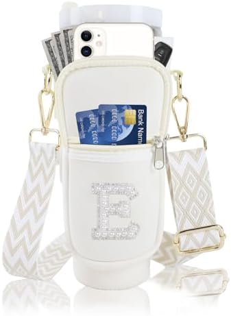 Initial A-Z Water Bottle Carrier Bag with Strap for Stanley 40 oz Tumbler, Personalized Water Bottle Holder Pouch with Pearl Letter Phone Pocket for Stanley Cup Accessories Custom Gift for Women Girls