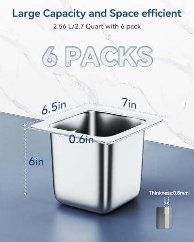 Image of ZeroPone 6 Pack Hotel Pans 1 /6 Size 6 inch Deep Steam Table Pan | 22 Gauge Anti Jam Commercial Food Pans for Hotel, Party, Buffet, Catering Supplies