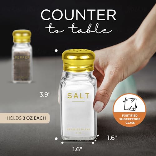 Image of Gold Salt and Pepper Shakers Set by Brighter Barns - Gold Kitchen Decor & Accessories - Neutral Minimal Decor - Modern Glass Shakers with Stainless Steel Lids for Home, Restaurants