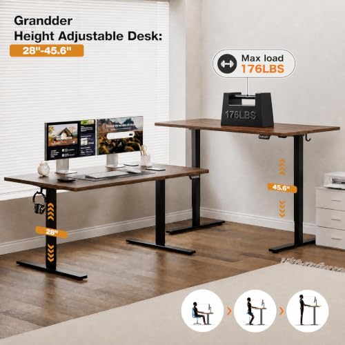 Image of Grandder 63x32 Large Electric Standing Desk, Height Adjustable Computer Desk with 2 Memory Presets, 31.5 inch Deep Desktop Sit Stand Desk Home Office Desk Workstation Table with Hooks, Walnut