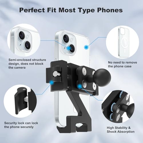 Image of Motorcycle Phone Holder with 1 inch Ball Head, Aluminum Alloy & Semi-Enclosed Design One-Hand Release Quick Access Adjustable Bike Ebike Smartphone Stand Mount, 66001