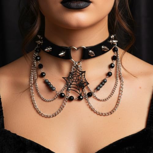 Zoestar Punk Leder Choker Halskette Schwarz Gothic Halsband Spinnennetz Spiked Halloween Halskette Kette für Frauen