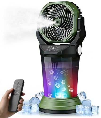 Portable Misting Fan with Remote 2L Water Tank & 2 Spray Modes 30000mAh Rechargeable Outdoor Cooling Fan 4 Wind Speeds 3 Timers 120 Oscillation RGB Lights & Flashlight for Camping Beach Patio