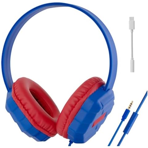 Olyre Kids Headphones Wired with Microphone,94dB Volume Limit Headphones for Kids, Portable Wired Headphones, Type C Stereo Sound Headset for School/Tablet/PC/Kindle, Blue Red Cover