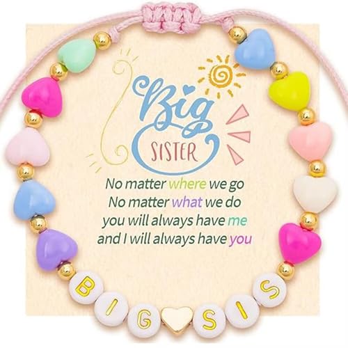 Image of Big Sister Gifts For Little, Pastel Rainbow Heart Rainbow Ball Big Little Sister Bracelet Announcement, Birthday Jewelry