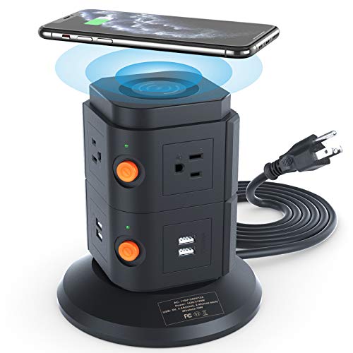 Power Strip Tower - Multi Outlets Surge Protector Wireless Charging Station with 6 Plug Outlets + 4 USB Ports, 6.5 FT Extension Cord Desktop Power Socket Tower for Home Office Room