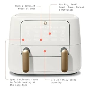 Beautiful 9 QT TriZone Air Fryer with Touch-Activated Display, 1700W, Dual Baskets, Non-Stick, Dishwasher Safe, Large Capacity by Drew Barrymore (White Icing) Beautiful 9 QT TriZone Air Fryer with Touch Activated Display 1700W Dual Baskets Non Stick Dishwasher Safe Large Capacity by Drew Barrymore White Icing