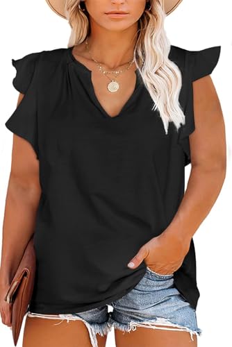 Eytino Womens Plus Size Tank Tops Summer Casual V Neck Ruffle Sleeve Blouse Shirts(1X-5X)