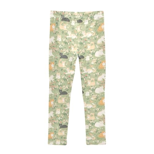 Cat Flowers Pattern Girls Leggings Kids Yoga Pants Athletic Tights Pants 4-10 Years2