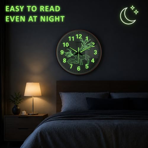 Image of Auromin Antique Radium Glass Wall Clock Night Glow for Bedroom | Night Light Silent Glass Wall Watch for Living Room, Living Room, Study (Clock-GL-Deer-RDM-DYNY)