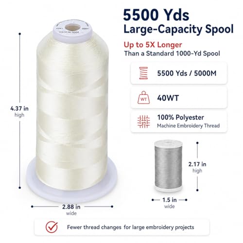 Image of Simthread 5000M 40WT Polyester Embroidery Thread, Marshmallow S004 | 5000M 40WT polyester thread feeds smoothly for machine embroidery, monograms, logos, patches and quilting.