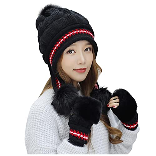qudang Damen Mütze Handschuhe Set 2 in 1 Beanie Mütze Winter Gestreifte Chenille Fleece Gefüttert Dick Warme Strickmütze Pompon Wintermütze Cover