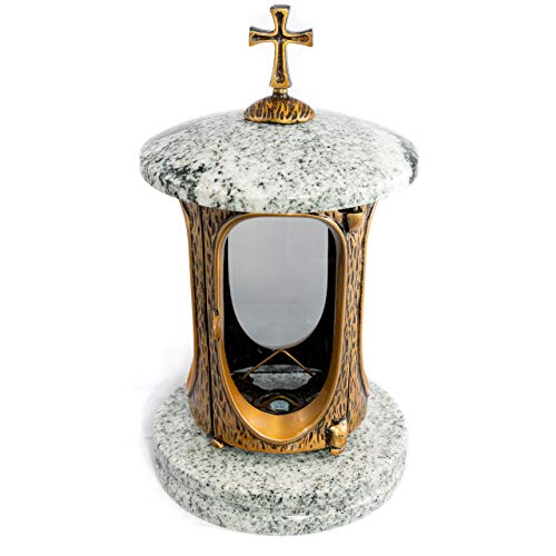 Elegante lanterna funeraria Elégant con croce, granito viscont bianco, altezza 27 cm, diametro 15 cm, lampada funeraria in granito, lanterna in bronzo con base