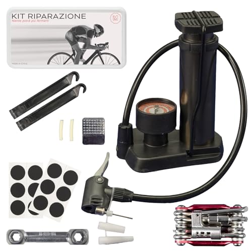 Generico Kit Riparazione Bici 3 in 1 - Multitool 10 in 1, Kit Foratura con Leve e Patch, Pompa a Pedale con Manometro, Valvole Universali - MTB, Gravel, Strada