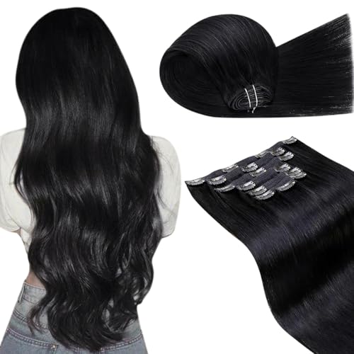 Image of LaaVoo Hair Extensions Clip ins Black Clip in Hair Extensions Real Human Hair Jet Black Human Hair Clip on Extension Silky Straight 24 Inch 7Pcs /150g