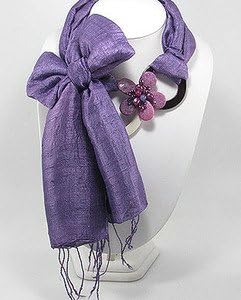 Gemstones Beaded Jeweled Purple Silk Scarf with Pendant Stylish Couture