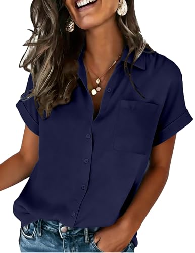 Zeagoo Button Down Shirt for Womens Navy Blue Short Sleeve Blouse Business Casual Collared Work Office Tops M