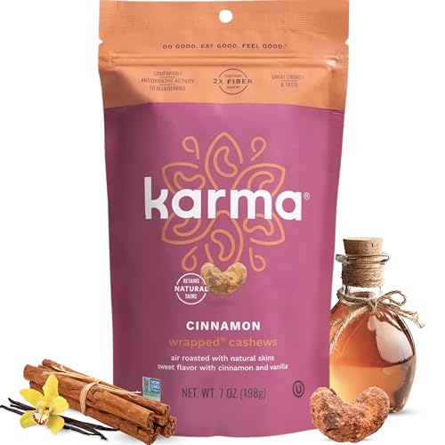 Image of Cinnamon Wrapped Whole Cashews by Karma Nuts, Sweet & Savory, Air Roasted with Natural Skins, 2X more Fiber, Peanut-Free Facility, Kosher, Everyday Nut Snack, 7oz Resealable Bag - 6 pack