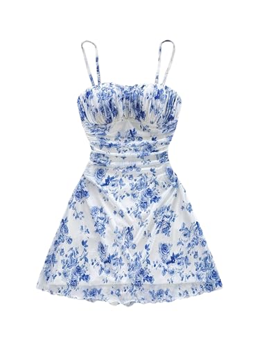 GORGLITTER Women's Floral A Line Flared Mesh Cami Mini Dress Ruched Beach Vacation Dresses Blue and White Floral Small
