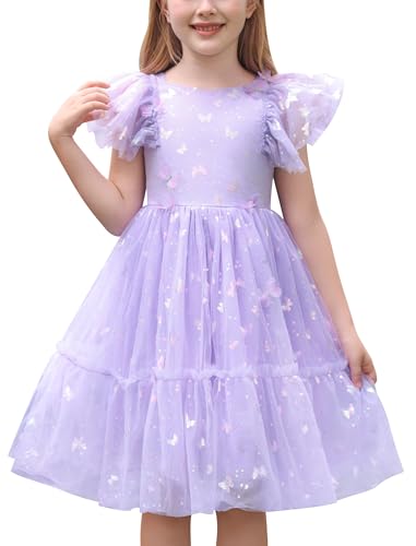 IMEKIS Toddler Kids Girls Butterfly Dress Sparkle Tulle Ruffle Sleeve Wedding Formal Birthday Pageant Dresses 3-12T
