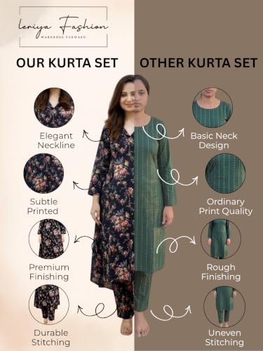 Image of Leriya Fashion Women's Cotton Printed A-Line Kurti Pant Set | Abstract Leaf & Floral Kurta with Trouser Pant | Casual Ethnic Co-ord Set for Women Stylish | Elegant Anarkali Style Tunic Kurta Set