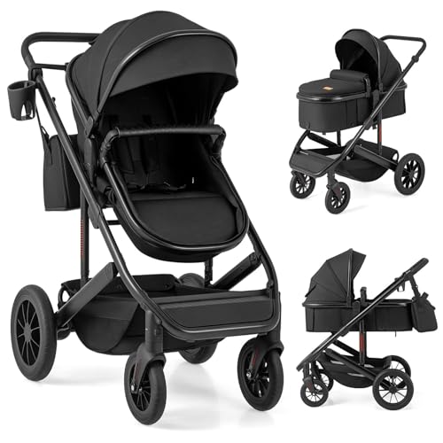 COSTWAY 3 in 1 Baby Stroller, Foldable Aluminum Frame Travel System Pram with Reversible Seat, Adjustable Canopy & Handle, Diaper Bag, Infant Newborn Pushchair for 0-36 Months (Black) COSTWAY 3 in 1 Baby Stroller, Foldable Aluminum Frame Travel System Pram with Reversible Seat, Adjustable Canopy & Handle, Diaper Bag, Infant Newborn Pushchair for 0-36 Months (Black)
