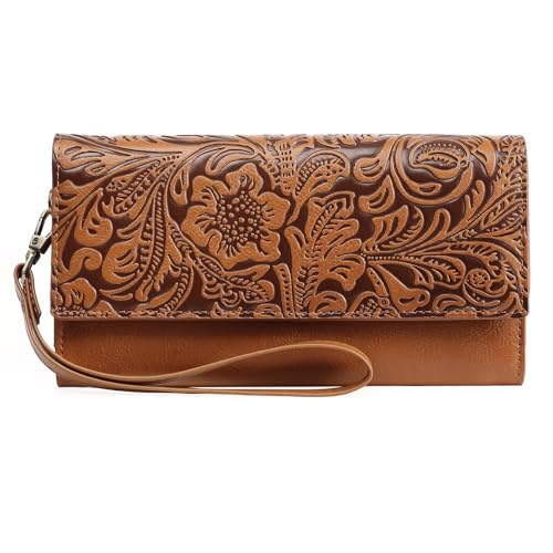 Image of GOIACII Women's Large RFID Blocking Purse Retro Leather Floral Embossed Ladies Wallet with Multiple Card Slots Wristlet