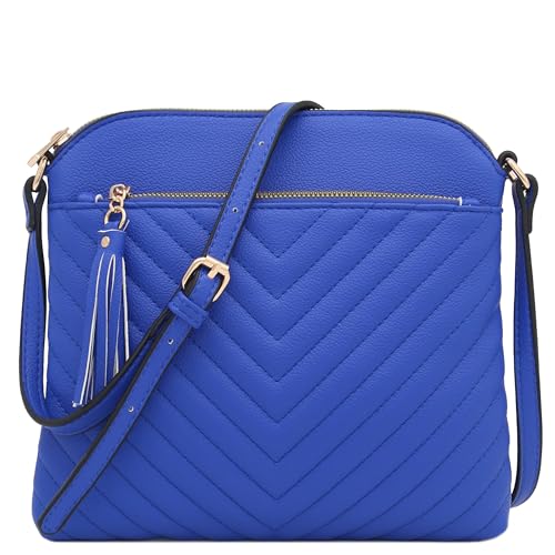 FashionPuzzle Chevron Quilted Medium Crossbody Bag with Tassel Accent (Royal