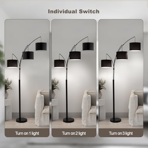 Image of Floor lamp with Remote, 3 Light Arc Floor Lamps for Living Room, 2400LM Tall Standing Floor Lamps with Black Shades, 80 inch Large Floor Lamp for Bedroom, Office