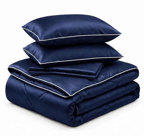 Image of SANMARINO Satin Silk Comforter Set for Double Bed - 300 TC Premium Satin Bedsheet with Pillow Covers, Luxury Complete Bedding Set, Soft Silky Finish, Bedroom Home Furnishing Gift Set - Sapphire Night