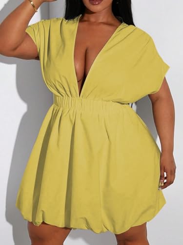 Image of WDIRARA Women's Plus Size Deep V Neck Bubble Dress Short Sleeve A Line Mini Dresses