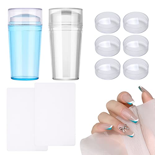 2 Pcs Nail Stamper Kit 2 Pcs Nail Art Clear Jelly Silicone Stamping with 2 Pcs Scraper 6 Pcs Replacement Head Nail Polish Transfer Stamper French Tip DIY Manicure Nail Art Tools (Clear+Blue)